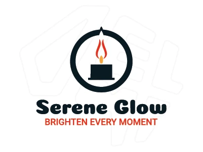 A symmetrical logo featuring a circular shape with a lit candle inside, utilizing blue and orange colors.