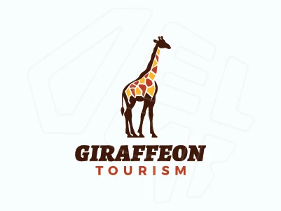 Um logotipo barato com a forma de uma girafa projetada em estilo mosaico, incorporando tons de marrom, laranja e amarelo.