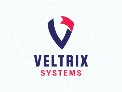 Logotipo criativo para uma empresa chamada "Veltrix", apresentando a forma da letra "V" combinada com uma pequena bandeira vermelha.