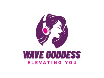 Logo of a woman wearing headphones, designed with a pink color scheme and a negative space style.