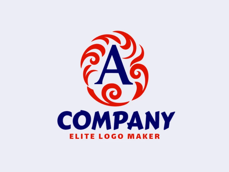 Create a vectorized logo showcasing a contemporary design of the letter "A" combined with flames and minimalist style, with a touch of sophistication with red and dark blue colors.