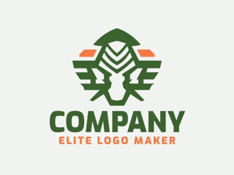 Symmetric logo created with abstract shapes forming an alien with green and orange colors.