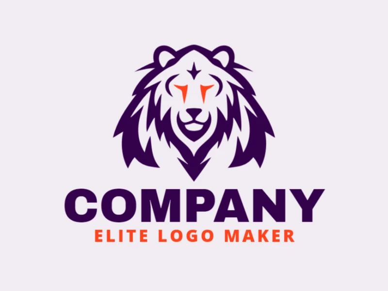 A symmetrical design of an angry lion head, a vivid blend of orange and purple, capturing fierce determination and regal spirit.