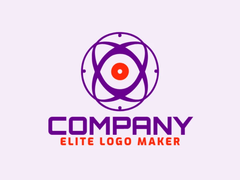 Create a vector logo for your company in the shape of an atom with an abstract style, the colors used were orange and purple.