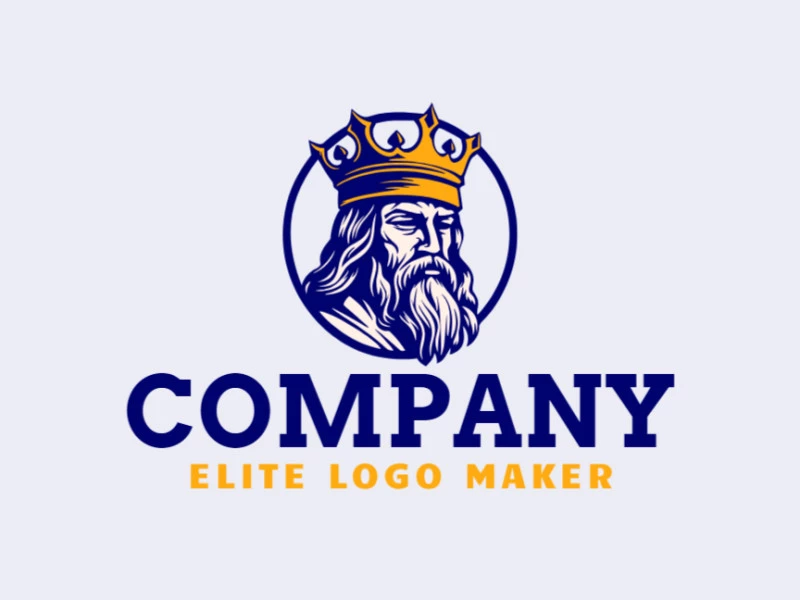 Create a vectorized logo showcasing a contemporary design of a bearded king and illustrative style, with a touch of sophistication with yellow, beige, and dark blue colors.