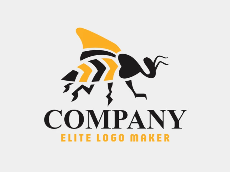 Abstract logo design with the shape of a flying bee composed of solids shapes with yellow and black colors.