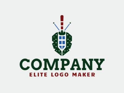 Simple logo design composed of abstract shapes forming a beetle combined with a sword with brown, green, and blue colors.