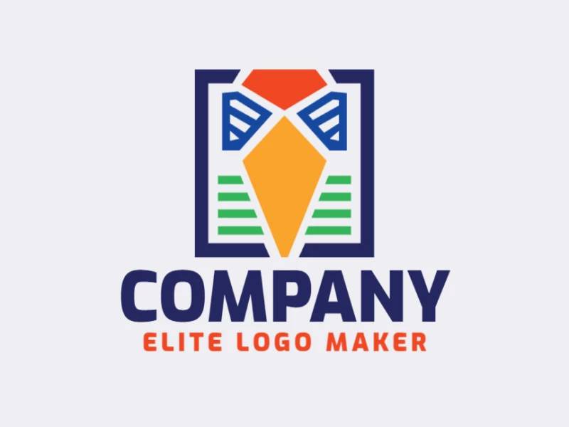 Original logo in the shape of a bird's head combined with a square with a great design and childlike style, the colors used in the logo are yellow, green, blue, and orange.