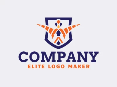 Create a logo for your company in the shape of a bird combined with a shield with a symmetric style with blue and orange colors.