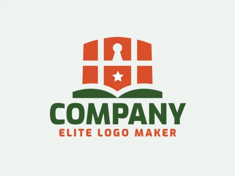 Abstract logo with solid shapes forming a book combined with a shield, with a refined design with green and red colors.