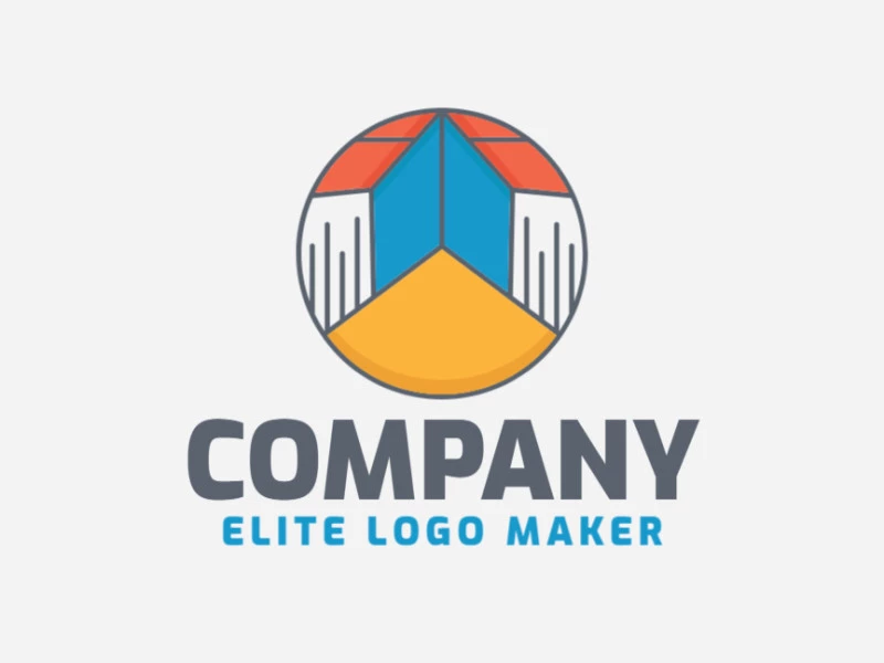 Circular logo design in the shape of a book composed of abstracts shapes and lines with yellow, blue, orange, and gray colors.