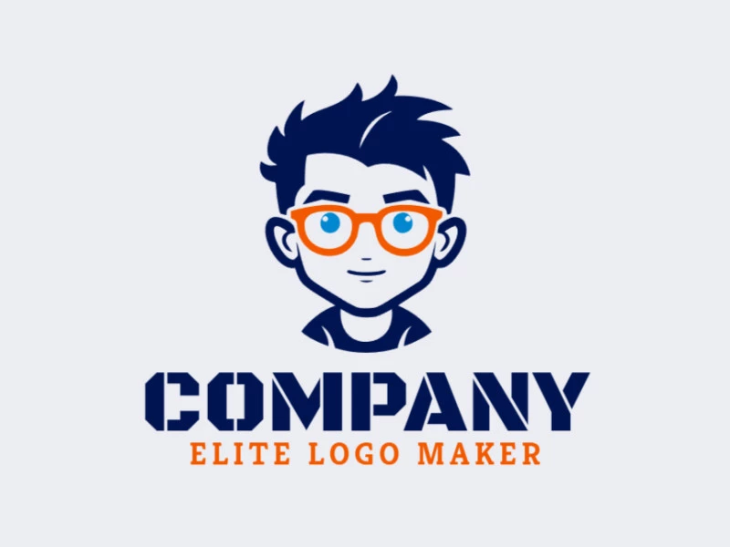 A playful, childish logo featuring a boy with glasses in a vibrant combination of orange and dark blue, full of youthful charm.