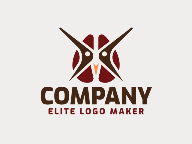 Logo available for sale in the shape of a brain combined with an owl, with symmetric style with brown, orange, and red colors.