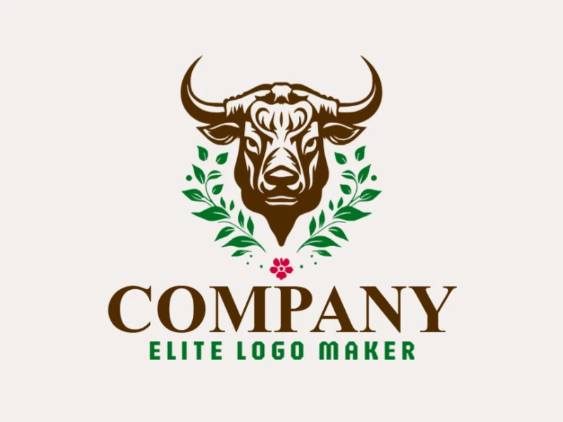 Logo template for sale in the shape of a bull combined with a flower and leaves, the colors used was green, brown, and pink.