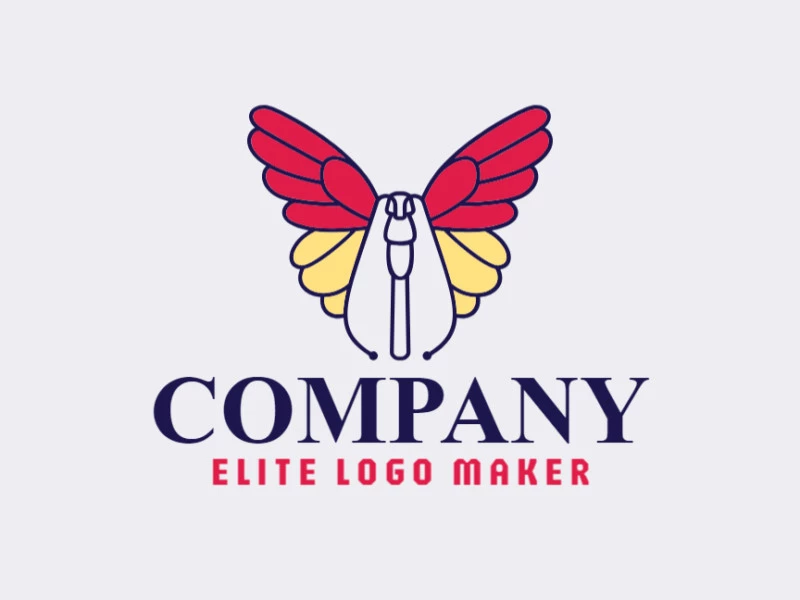 Create a vector logo for your company in the shape of a butterfly with a monoline style, the colors used were blue, red, and yellow.