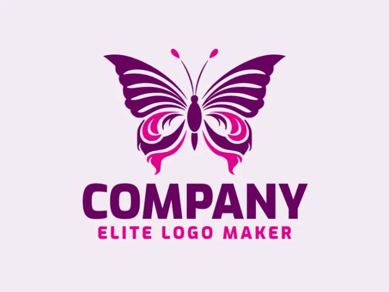 A stylish symmetric butterfly logo with a playful combination of purple and pink.