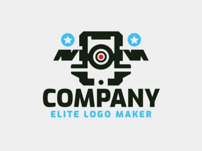 Create a vector logo for your company in the shape of a camera, with an abstract style, the colors used were blue, red, and black.