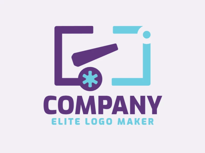 Minimalist logo with the shape of a cannon combined with brackets punctuation with blue and purple colors.