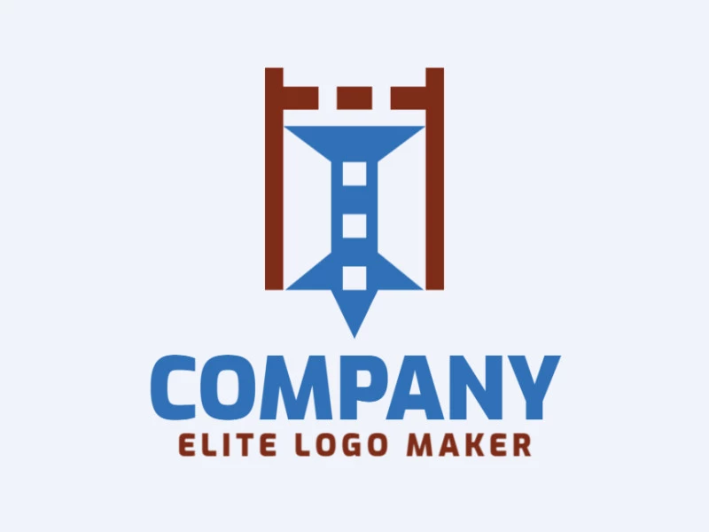 Minimalist logo design consists of the combination of a castle with a shape of a pin with brown and blue colors.