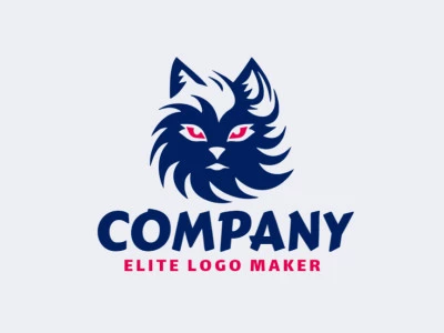 Logo available for sale in the shape of a cat with pictorial style with red and dark blue colors.