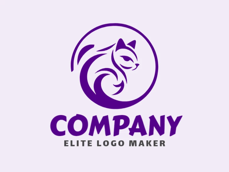 Logo available for sale in the shape of a cat with ornamental style and purple color.