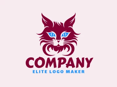 Logo available for sale in the shape of a cat head with abstract style with dark red and dark blue colors.