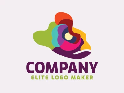 Stylized logo in the shape of a chameleon head composed of abstracts shapes with pink, blue, green, purple, yellow, orange and red colors.