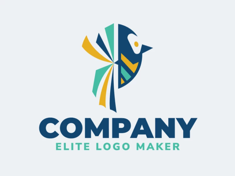 Animal logo design in the shape of a colorful bird composed of simples shapes with blue, green, and yellow colors.