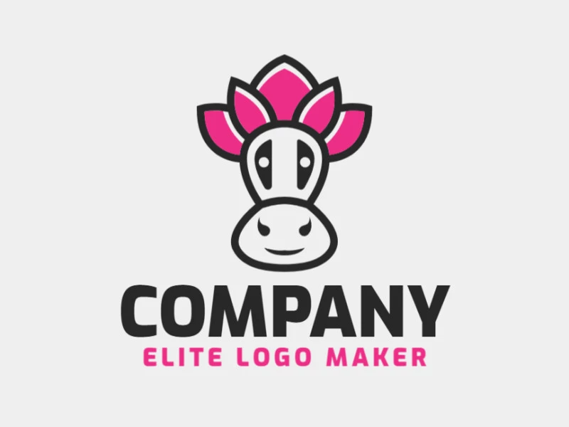 Animal logo design in the shape of a cow head combined with a flower with pink and black colors.