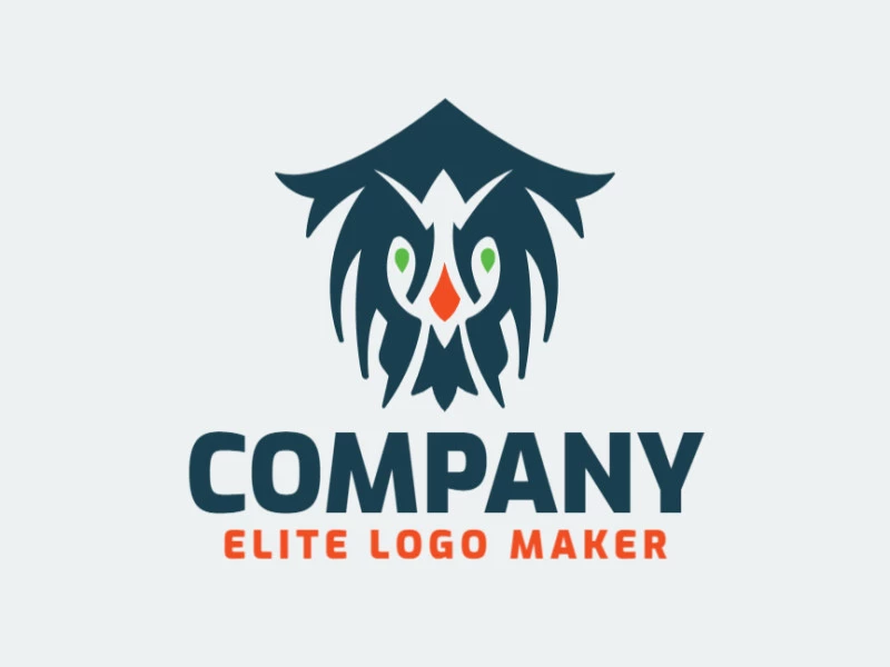 Logo available for sale in the shape of a crazy bird with symmetric style, with green, blue, and orange colors.