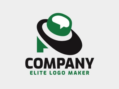 Simple logo design in the shape of a hat combined with a chat box with green, and black colors.