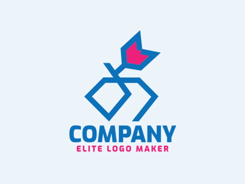 Minimalist logo in the shape of a diamond combined with a tulip composed of abstract shapes and refined design, the colors used in the logo are pink and blue.