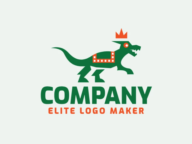 Animal logo with the shape of a dinosaur wearing a crown with abstract style and green and orange colors.