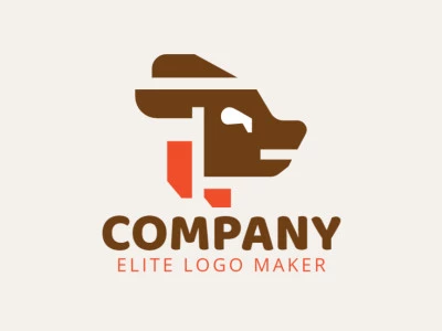 Minimalist logo in the shape of a dog composed of abstract shapes and refined design, the colors used in the logo are orange and brown.