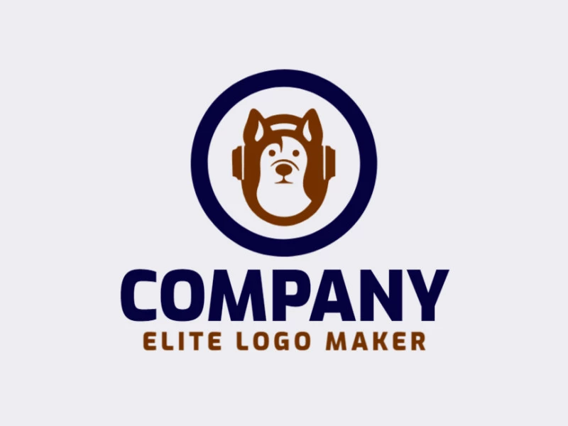 A playful logo with a dog wearing headphones in dark blue and dark brown hues.