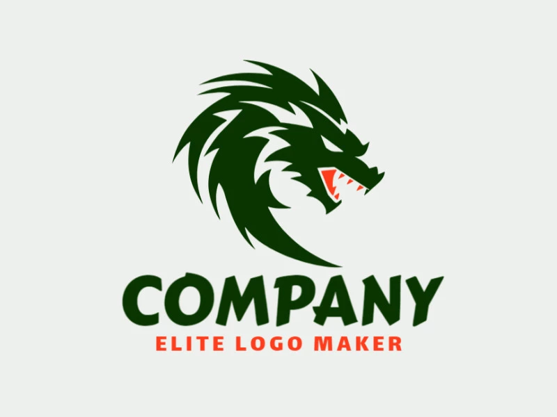 An abstract dragon head design in bold orange and dark green, symbolizing power and mystery for a captivating logo.