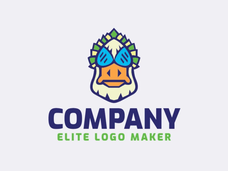 Mascot logo with the shape of a duck head with blue, beige, green, and yellow colors.