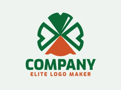 Symmetry logo in the form of a duck combined with a four leaf clover composed of abstract shapes and refined design with green and orange colors.