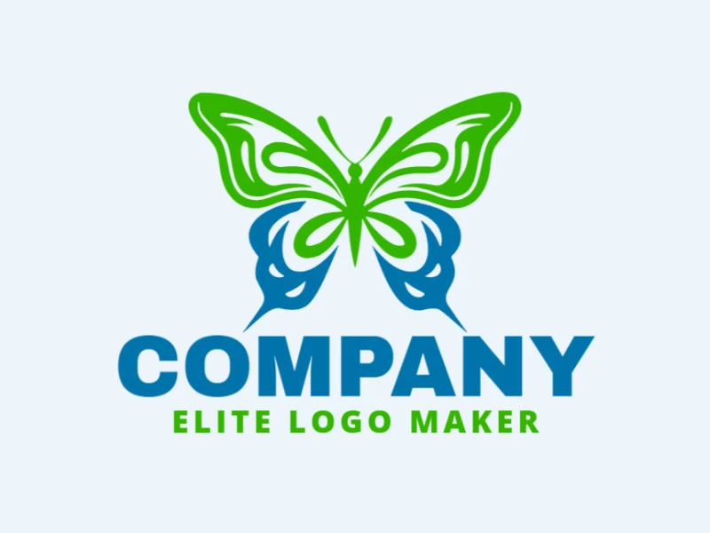 Create your own logo in the shape of an elegant butterfly with a minimalist style of green and blue colors.