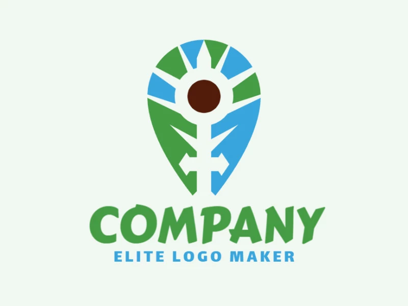 Abstract logo in the shape of a leaf combined with a sword and a map icon composed of abstract elements with blue, green, and brown colors.