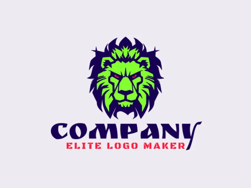 An abstract logo featuring an evil lion, with striking green, red, and dark blue elements, evoking intrigue and mystery.