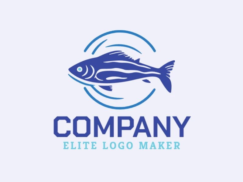 Professional logo in the shape of a fish with an abstract style, the colors used were blue and dark blue.