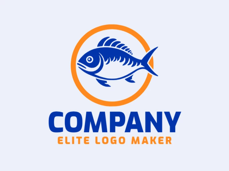 Create a vector logo for your company in the shape of a fish with an abstract style, the colors used were orange and dark blue.