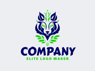 Create a vectorized logo showcasing a contemporary design of a floral wolf and symmetric style, with a touch of sophistication with green and blue colors.