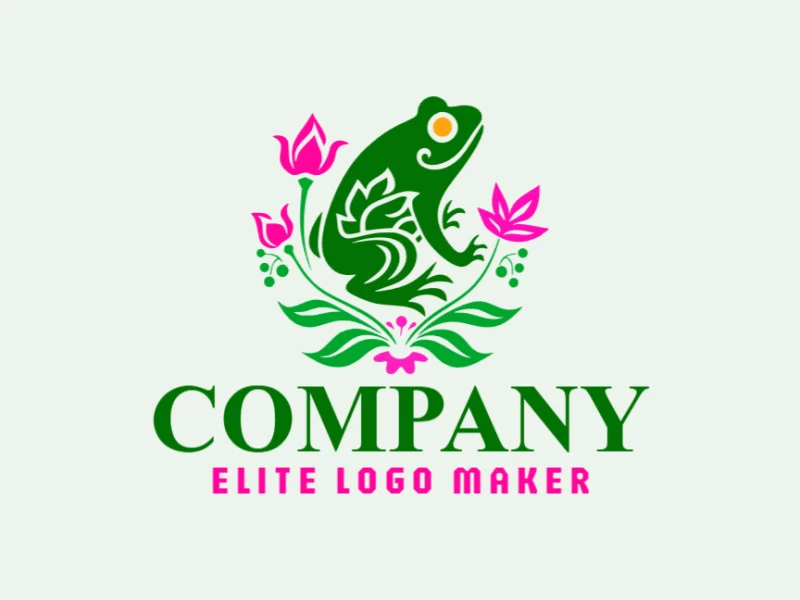 Create a vectorized logo showcasing a contemporary design of a frog combined with flowers and ornamental style, with a touch of sophistication with green, orange, and pink colors.