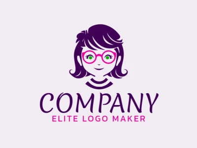 Customizable logo in the shape of a girl with glasses with an abstract style, the colors used were green, purple, and pink.