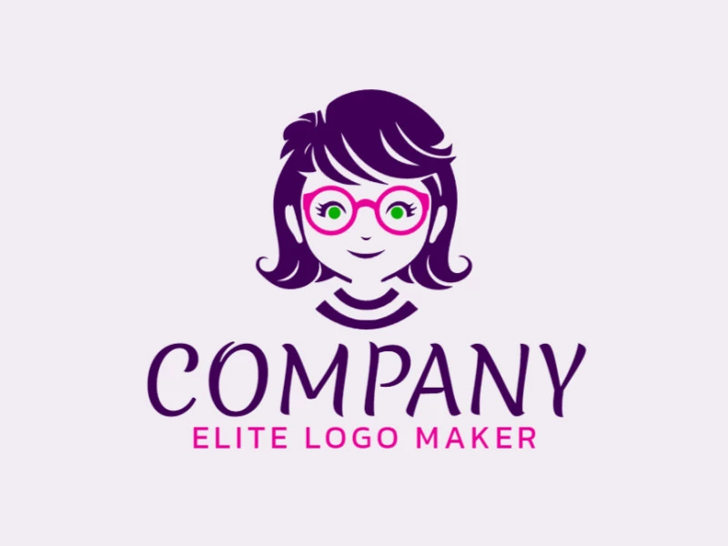 Customizable logo in the shape of a girl with glasses with an abstract style, the colors used were green, purple, and pink.