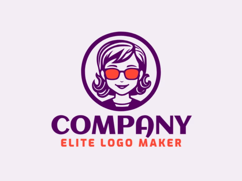 A sophisticated logo in the shape of a girl with glasses with a sleek simple style, featuring a captivating orange and purple color palette.