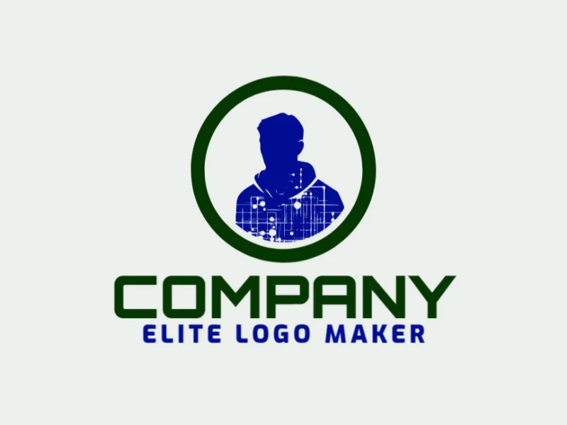 Illustrative logo with solid shapes forming a hacker with a refined design with dark blue and dark green colors.