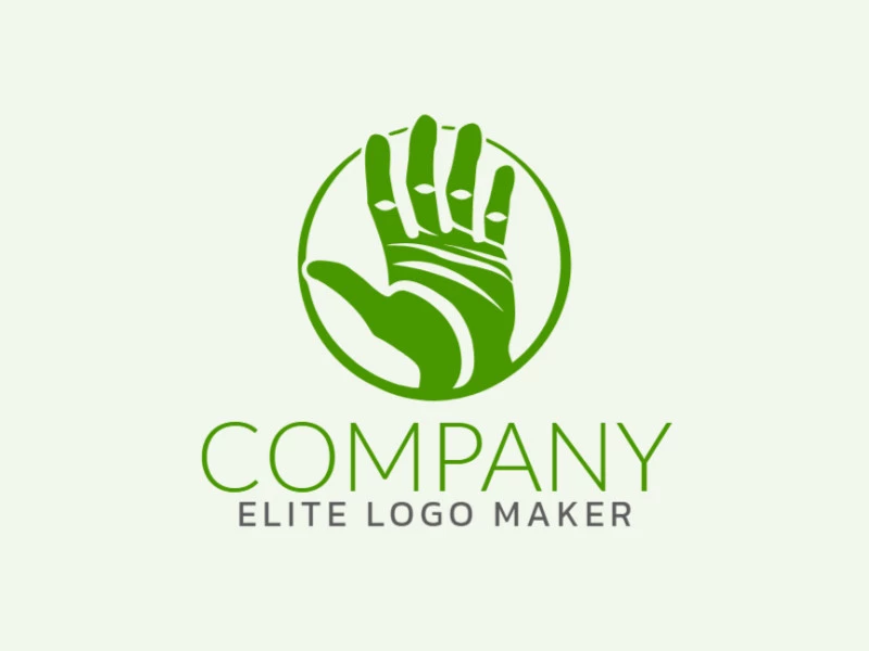 A circular logo featuring a graceful hand in deep, serene dark green, symbolizing unity and nature's touch.